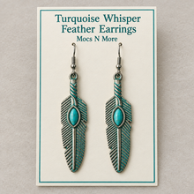 Load image into Gallery viewer, Turquoise Whisper Feather Earrings on a named ivory display card, styled packaging mockup