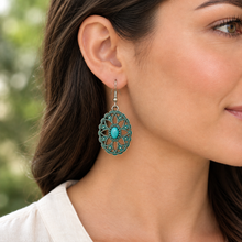 Load image into Gallery viewer, Turquoise Blossom Filigree Earring worn with a cream blouse, revised smaller scale