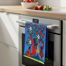Load image into Gallery viewer, Heart Medicine Tea Towel draped over oven handle in bright kitchen lifestyle setting