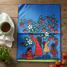 Load image into Gallery viewer, Heart Medicine Tea Towel flat lay overhead with strawberries and ceramic mug on rustic wooden table