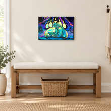 Load image into Gallery viewer, Aurora Borealis Bears wall plaque by Carla Joseph displayed above an entryway bench. Actual plaque size is 18 inches wide by 12 inches high.