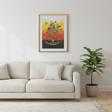 Load image into Gallery viewer, Sweet Grass Prayers by Carla Joseph Indigenous art poster in a gold frame in a Scandinavian living room