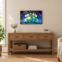 Load image into Gallery viewer, Aurora Borealis Bears wall plaque by Carla Joseph above a wooden console. Plaque measures 18 inches wide by 12 inches high.