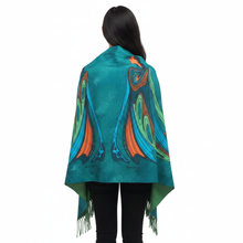 Load image into Gallery viewer, Indigenous model wearing FRIENDS shawl from behind