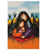 Load image into Gallery viewer, A vertical canvas art print featuring a stylized Native American mother and child illustration in a vibrant, earthy palette with orange, purple, black, and blue tones, shown against a plain white background.