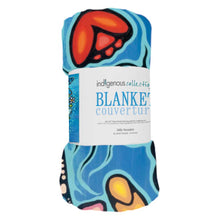 Load image into Gallery viewer, Colorful blanket with abstract patterns and 'Indigenous Collection' label on a white background