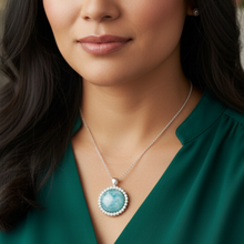 Load image into Gallery viewer, Majestic Pendant on Indigenous model - forest green blouse