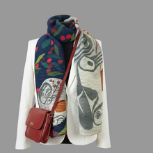 Load image into Gallery viewer, Person wearing a patterned scarf with a red bag over a white background