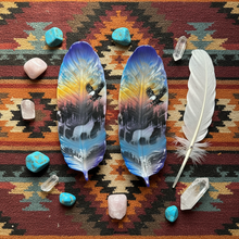 Load image into Gallery viewer, On Aztec textile with feather and crystals