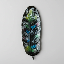 Load image into Gallery viewer, Decorative feather with artistic designs on a light gray background