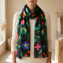 Load image into Gallery viewer, Petals of Ancestry scarf styled with a cream top