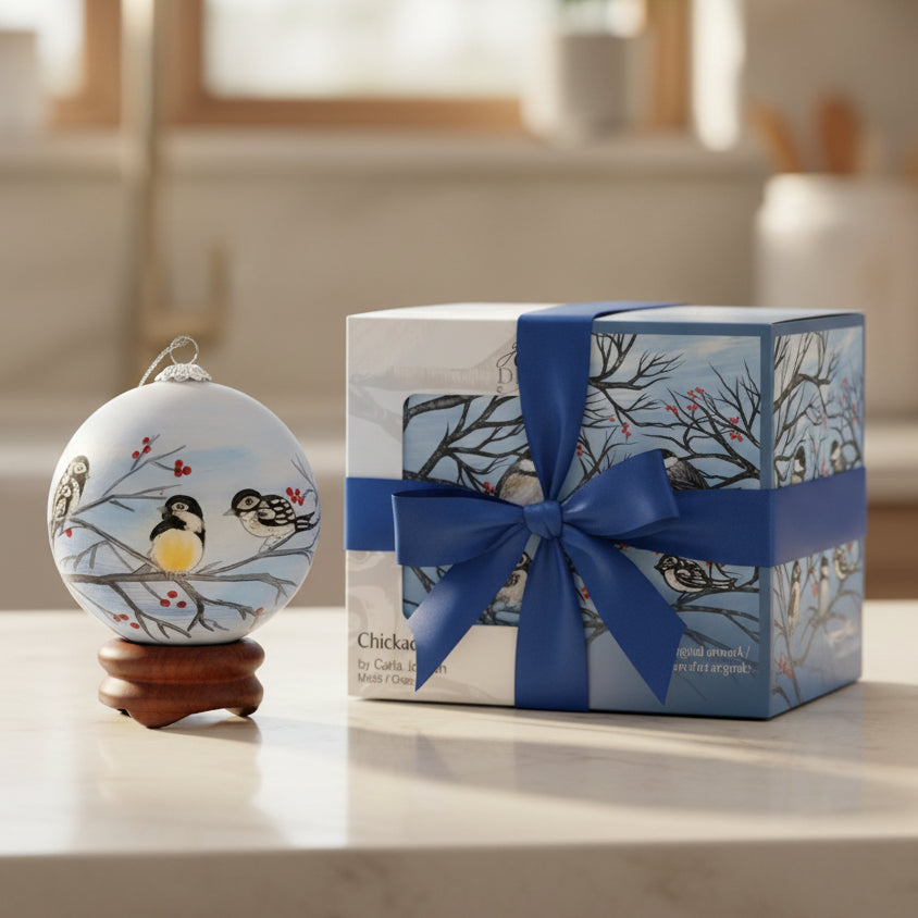 New Indigenous Glass Ornaments - Chickadees