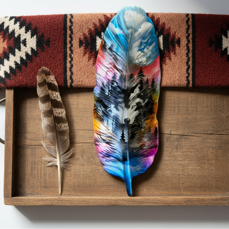 Colorful feather on a wooden tray with a patterned fabric background