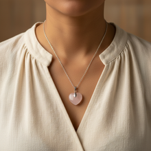 Load image into Gallery viewer, Rose Quartz Heart close-up - cream blouse