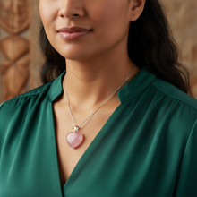 Load image into Gallery viewer, Rose Quartz Heart close-up - forest green blouse