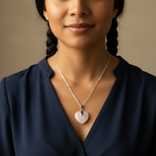 Load image into Gallery viewer, Rose Quartz Heart close-up - navy blue blouse