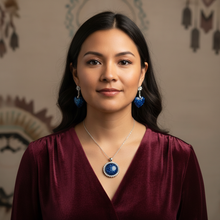 Load image into Gallery viewer, Sapphire Blue Set on Indigenous model - burgundy blouse