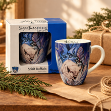 Load image into Gallery viewer, Spirit Buffalo mug beside its gift box with cedar and twine