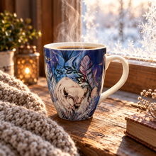 Load image into Gallery viewer, Spirit Buffalo mug with coffee by a frosted window