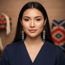 Load image into Gallery viewer, Sunrise Feather Earrings - navy blue blouse (correct size)