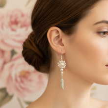Load image into Gallery viewer, Wearing pearl flower feather earrings - ear close-up