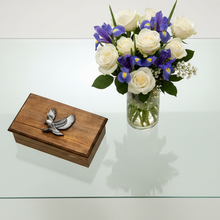Load image into Gallery viewer, Wooden box with a decorative item on a glass table with a vase of flowers.