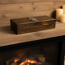 Load image into Gallery viewer, Wisdom Keeper Trinket Box dark stain on mantel showing owl lid