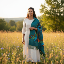 Load image into Gallery viewer, Woman wearing FRIENDS shawl outdoors